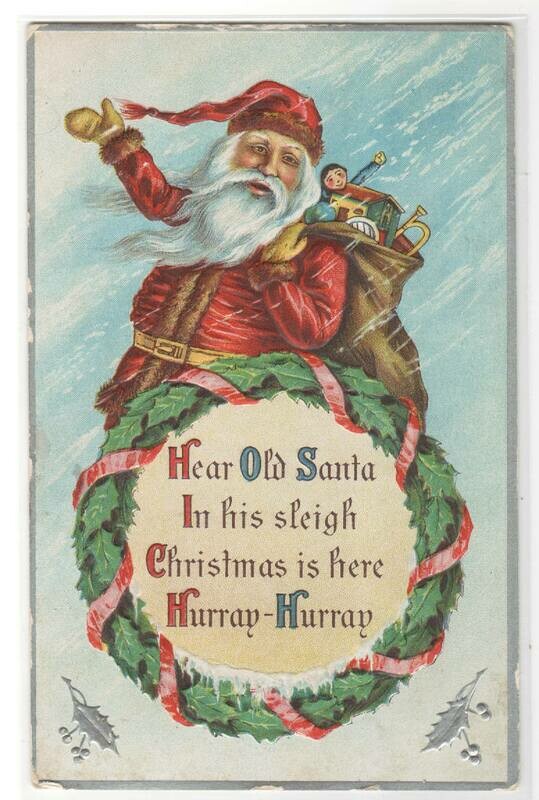 Santa Christmas Greetings Waves Bag of Toys Wreath 1910c postcard