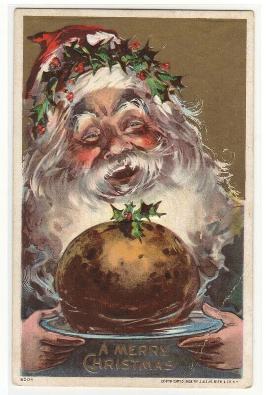 Santa with Christmas Pudding Greetings 1910c postcard