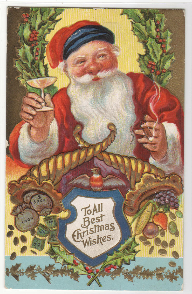 Santa Wine &amp; Cigar Cornucopia Christmas Greetings postcard