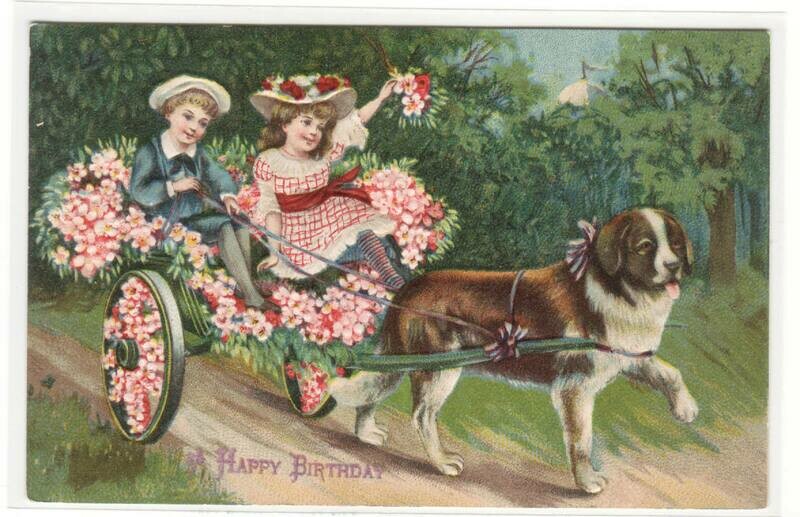 Dog Cart Floral Children Happy Birthday Greetings 1910c postcard