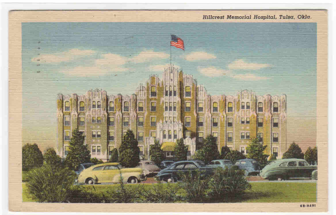 Hillcrest Hospital Cars Tulsa Oklahoma 1946 linen postcard