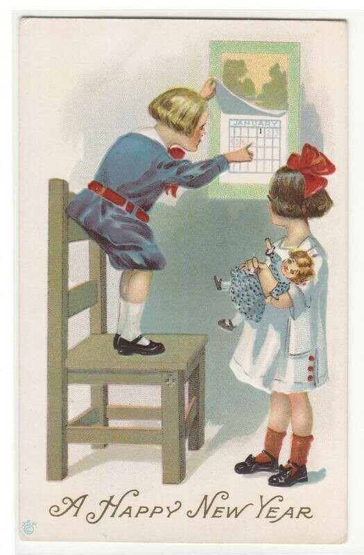 Boy Girl Look at Calendar New Year Greeting 1910c postcard