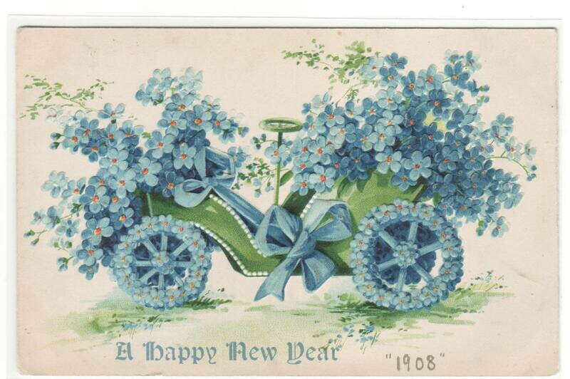 Floral Car New Year Greeting 1908 postcard