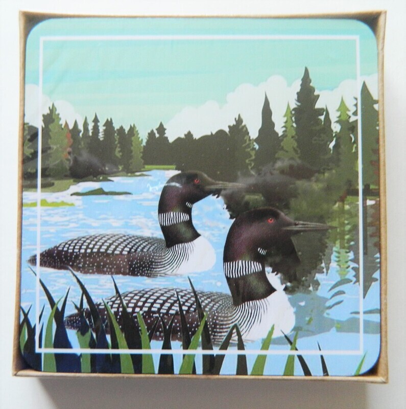 Loon Birds on Lake Set of 4 Coasters Gift Boxed Wood/cork