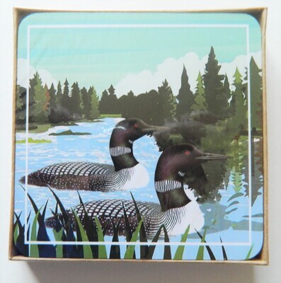 Loon Birds on Lake Set of 4 Coasters Gift Boxed Wood/cork