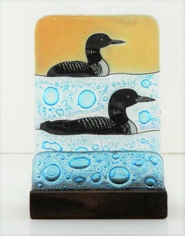 Loon Fused Art Glass Birds Business Card Holder Desktop Lodge Made Ecuador