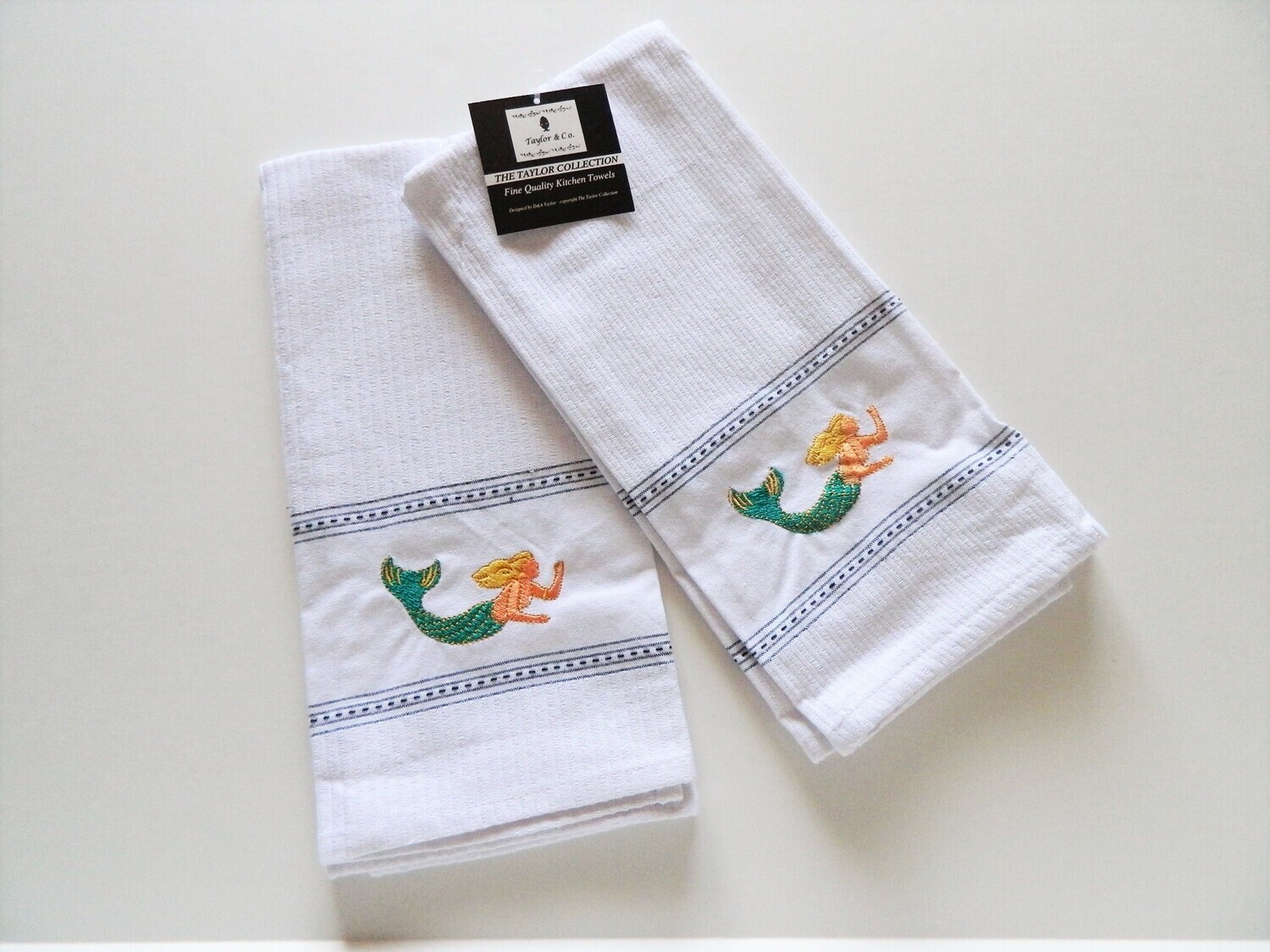 Mermaid Embroidered Tea Kitchen Towel Pair 2 Cotton