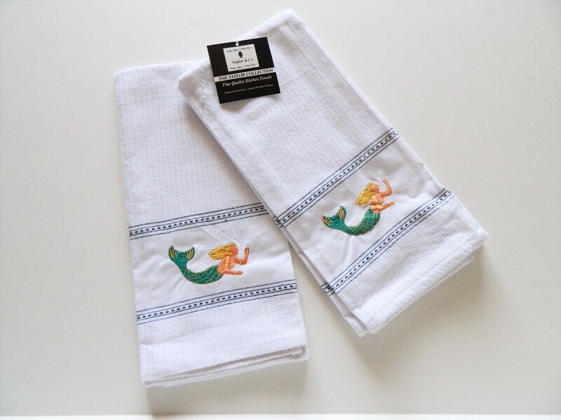 Mermaid Embroidered Tea Kitchen Towel Pair 2 Cotton