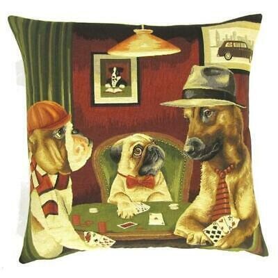 Bulldog Dogs Playing Poker Pillow Cover Only Belgium Jacquard Woven NO Stuffing