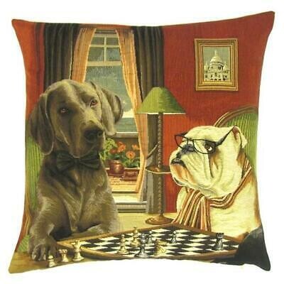Bulldog Dogs Playing Chess Pillow Cover Only Belgium Jacquard Woven NO Stuffing