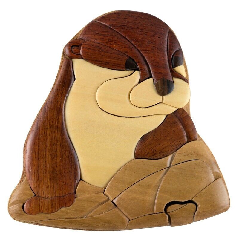 River Otter Wooden Intarsia Puzzle Box Secret Chamber Handmade Handcrafted