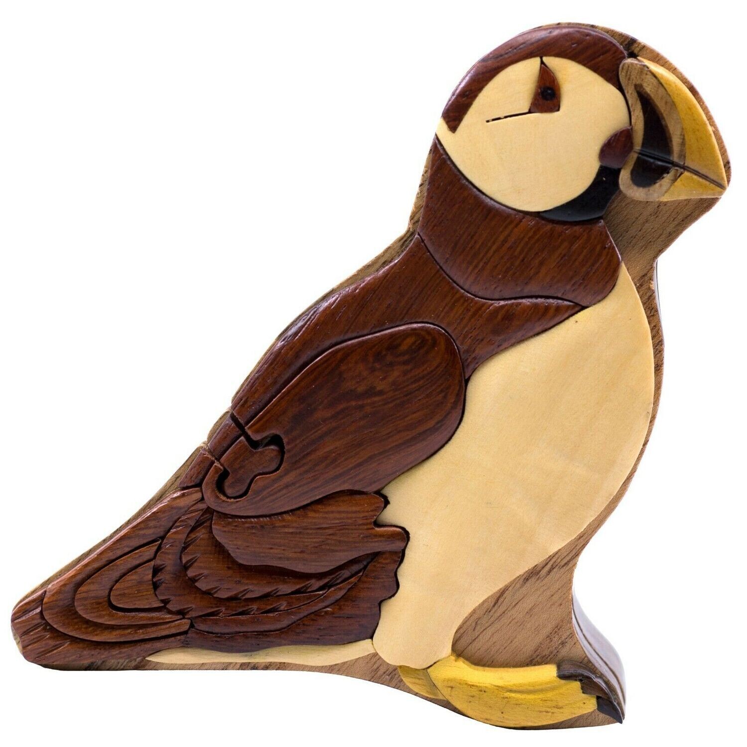Puffin Bird Wooden Intarsia Puzzle Box Secret Chamber Handmade Handcrafted