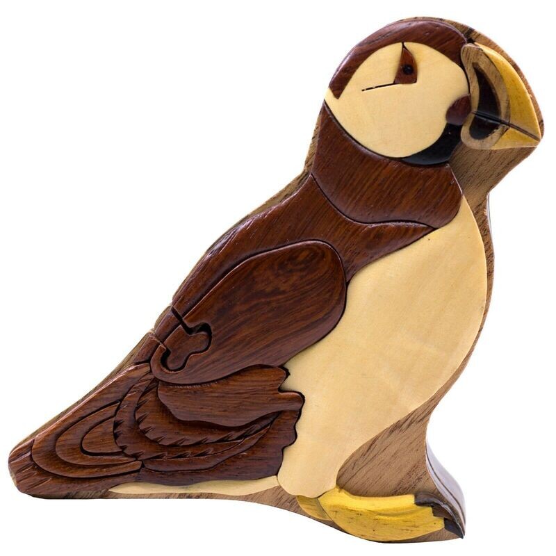 Puffin Bird Wooden Intarsia Puzzle Box Secret Chamber Handmade Handcrafted