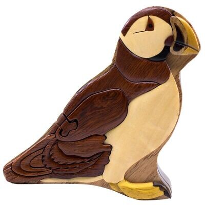 Puffin Bird Wooden Intarsia Puzzle Box Secret Chamber Handmade Handcrafted