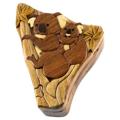 Koala Mom Baby Wooden Intarsia Puzzle Box Secret Chamber Handmade Handcrafted