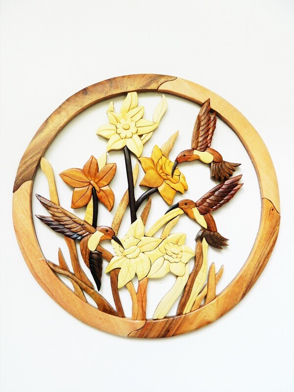 Hummingbird Three Birds Flowers Intarsia Wood Wall Art Home Decor Plaque New