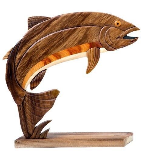 Rainbow Trout Fish Intarsia Wood Table Top Figurine Handcrafted
