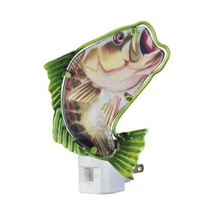 Bass Fish Fishing Glass Metal Night Light Lodge Cabin Decor US Plug