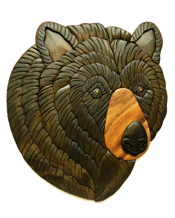 Black Bear Head II Intarsia Wood Wall Art Home Decor Plaque Western Lodge New