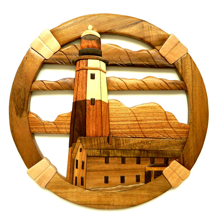 Montauk Point Lighthouse Intarsia Wood Wall Art Home Decor Plaque Seashore New