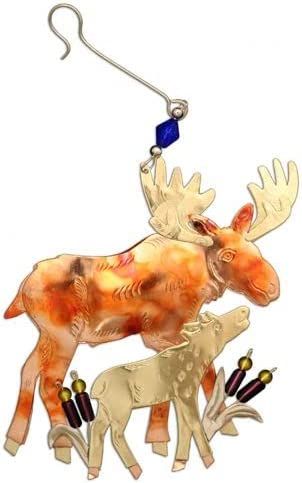 Wilderness Moose Momma Baby Calf Ornament Metal Fair Trade Pilgrim Imports New