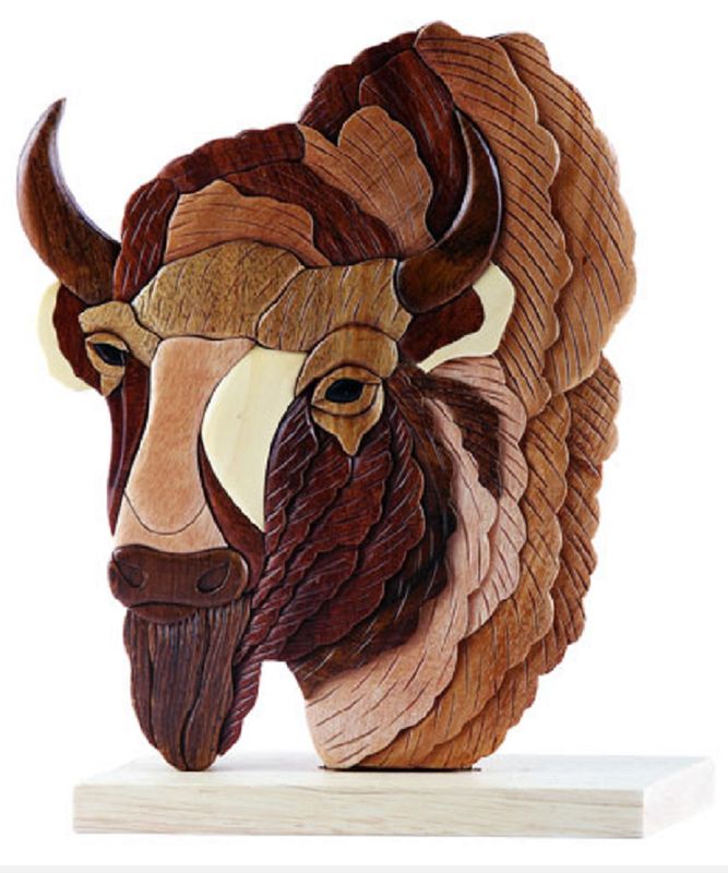 Bison Head Buffalo Intarsia Wood Table Top Home Decor Figurine Lodge New