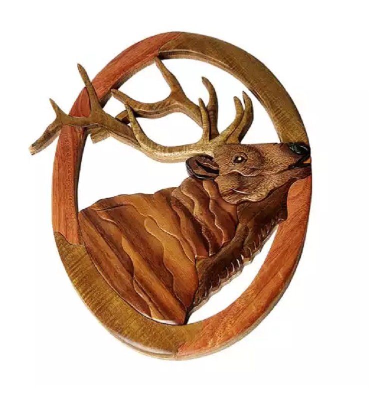 Elk Wapiti Head Intarsia Wood Wall Art Home Decor Plaque Western Lodge New ML1156