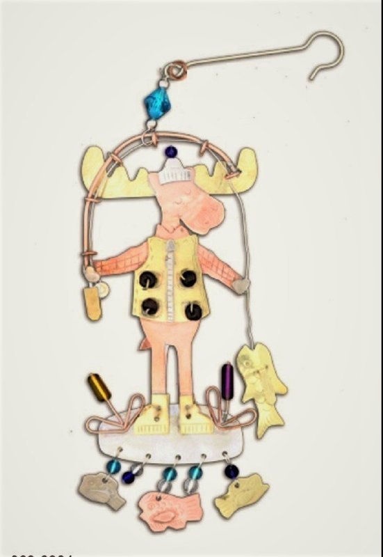 Fishing Moose Catch of The Day Ornament Metal Fair Trade New Pilgrim Imports New