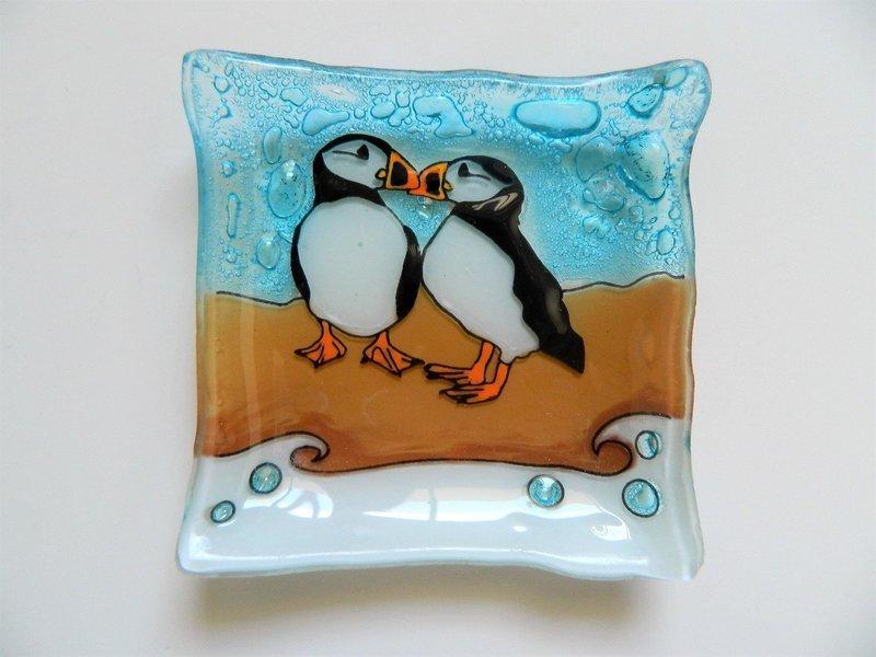 Puffin Bird Fused Art Glass Small Square Plate Dish Ecuador Fair Trade