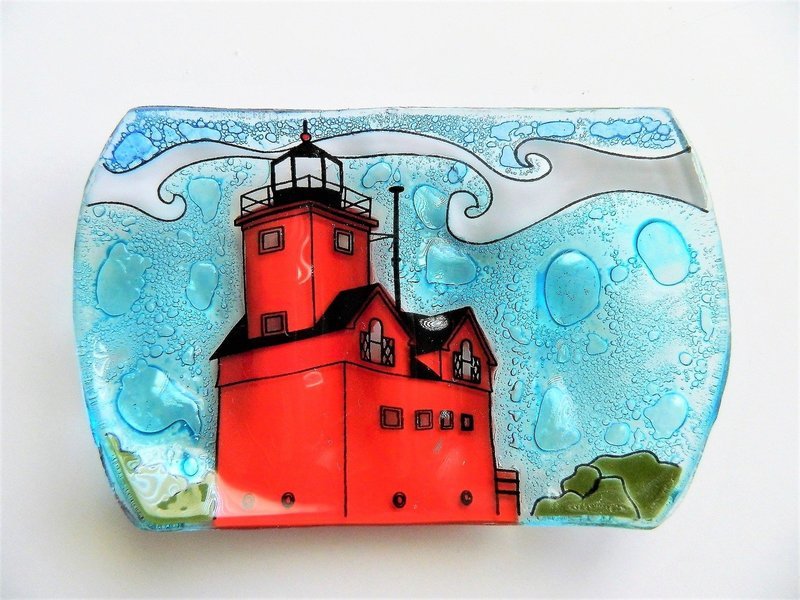 Big Red Holland Michigan Lighthouse Fused Art Glass Soap Dish Fair Trade from Ecuador