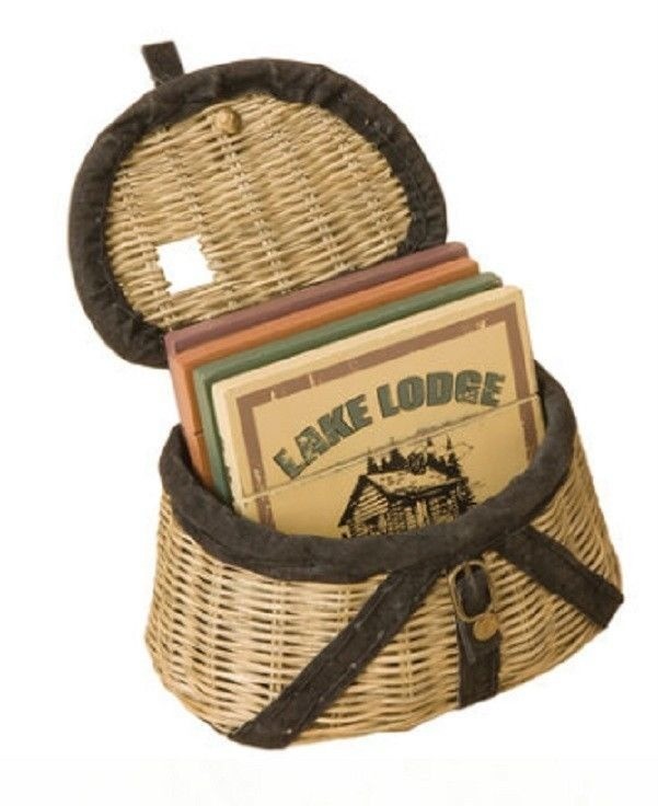Fly Fishing Creel Basket Holder Four Coaster Set Big Sky Carvers