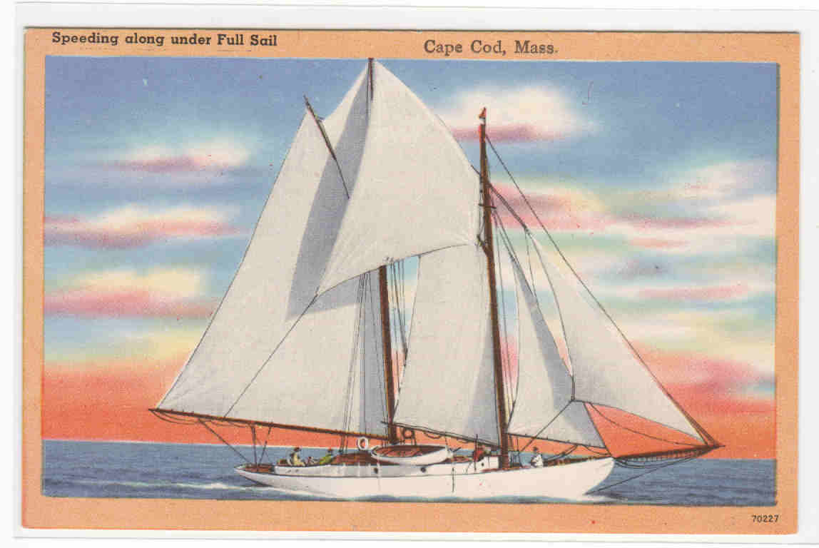 Yacht Sailing Ship Cape Cod Massachusetts linen postcard