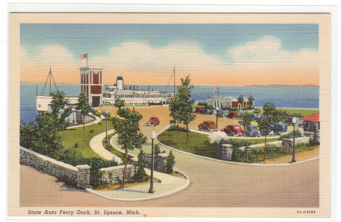 State Auto Car Ferry Dock Ship St Ignace Michigan linen postcard