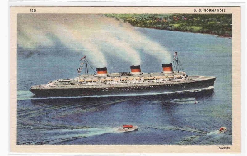 SS Normandie Ocean Liner Ship France linen postcard