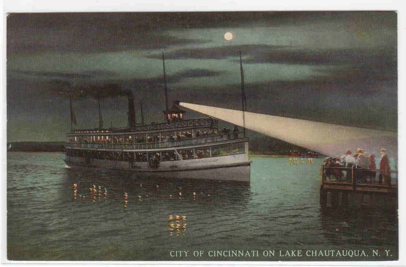 Steamer City of Cincinnati Night Searchlight Lake Chautauqua New York 1913 postcard