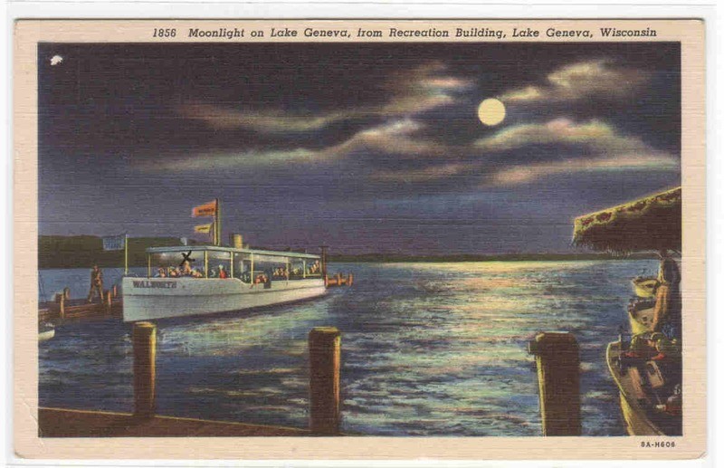 Motor Launch Boat Moonlight Lake Geneva Wisconsin 1938 postcard
