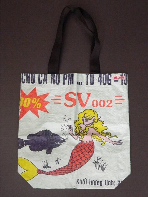 Blonde Mermaid Recycled Feed Bag Small Aqua Tote Made in Cambodia Fair Trade