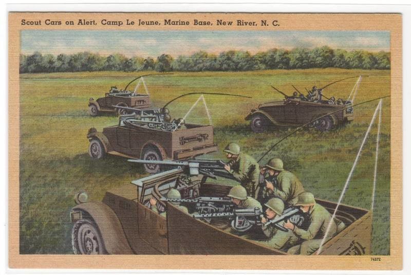 Scout Cars US Marine Base Camp Le Jeune North Carolina WWII era postcard