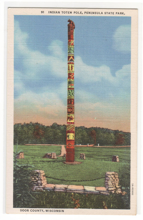 Indian Totem Pole Peninsula State Park Door County Wisconsin linen postcard