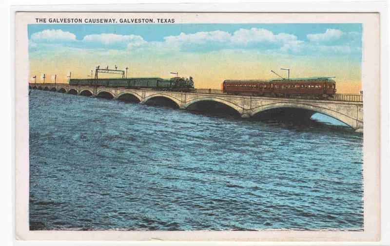 Railroad Train Streetcar Causeway Galveston Texas 1920c postcard