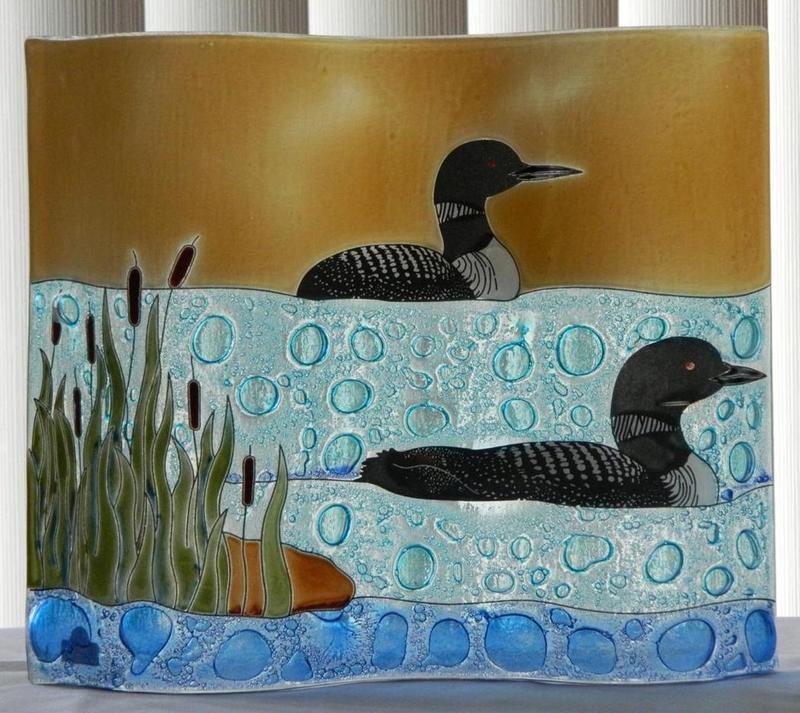 Loon Wavy Fused Art Glass Birds on Vivid Blue Lake Lodge Decor Made in Ecuador