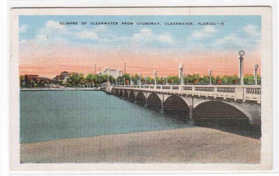 Clearwater Florida Skyline from Causeway Bridge 1942 linen postcard