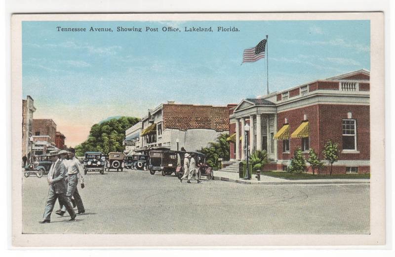 Tennessee Avenue Cars Post Office Lakeland Florida 1920c postcard