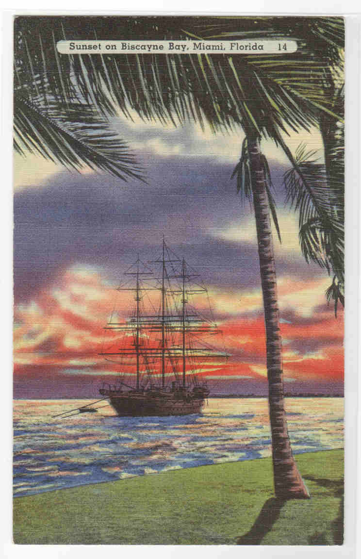 Sailing Ship Sunset Miami Florida linen postcard