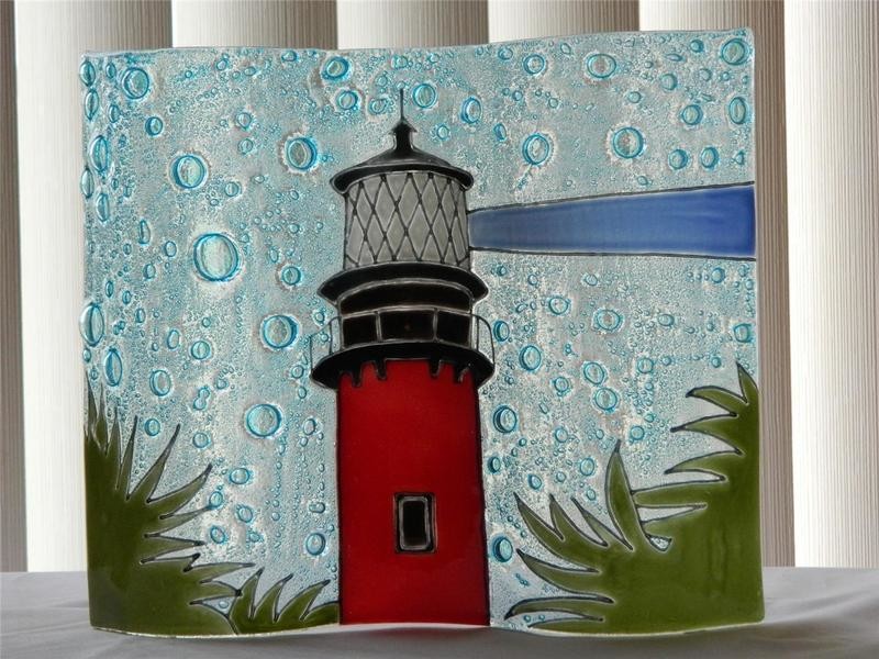 Jupiter Inlet FL Florida Lighthouse Large Wavy Fused Art Glass Nautical Ecuador