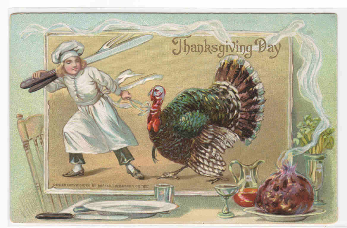 Chef Cook Leads Turkey to Thanksgiving Table 1910c greetings postcard