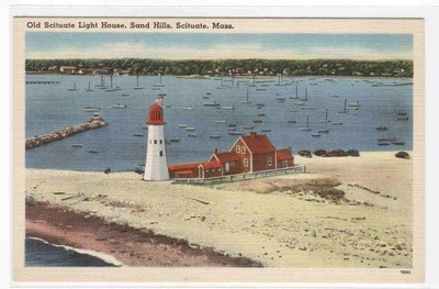 Old Light House Sand Hills Scituate Massachusetts linen postcard
