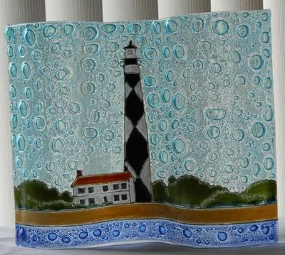 Cape Lookout Lighthouse Large Wavy Fused Art Glass Nautical Made in Ecuador