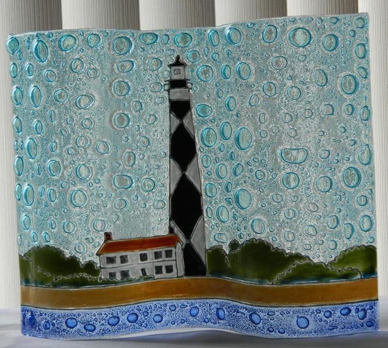 Cape Lookout Lighthouse Large Wavy Fused Art Glass Nautical Made in Ecuador