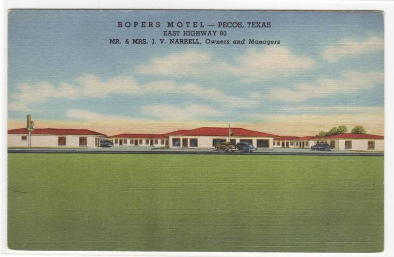 Ropers Motel US 80 Pecos Texas linen postcard